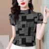 Fashionable mom's elastic tulle slimming short-sleeved blouse 2022 Summer new style versatile T-shirt top for middle-aged women's wear details Picture